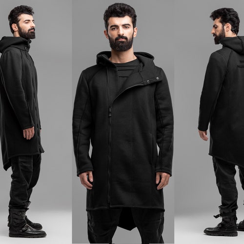 Black Long Cardigan Men Asymmetric Zip 