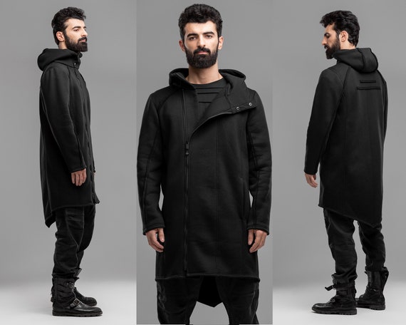 Hombre con chaqueta larga negra sudadera con capucha Etsy España