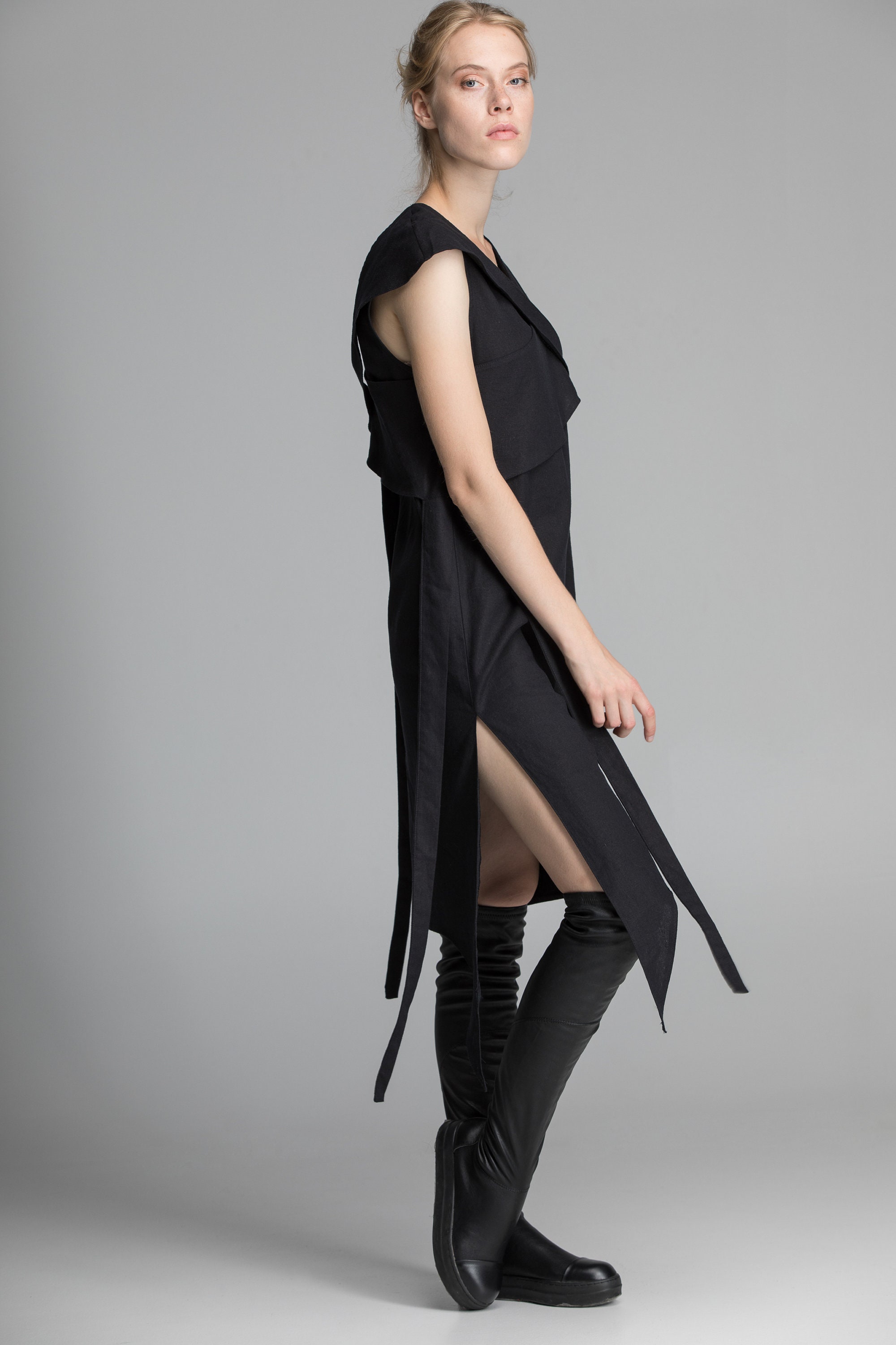 Linen black asymmetric dress v neck cut sleeveless tunic | Etsy