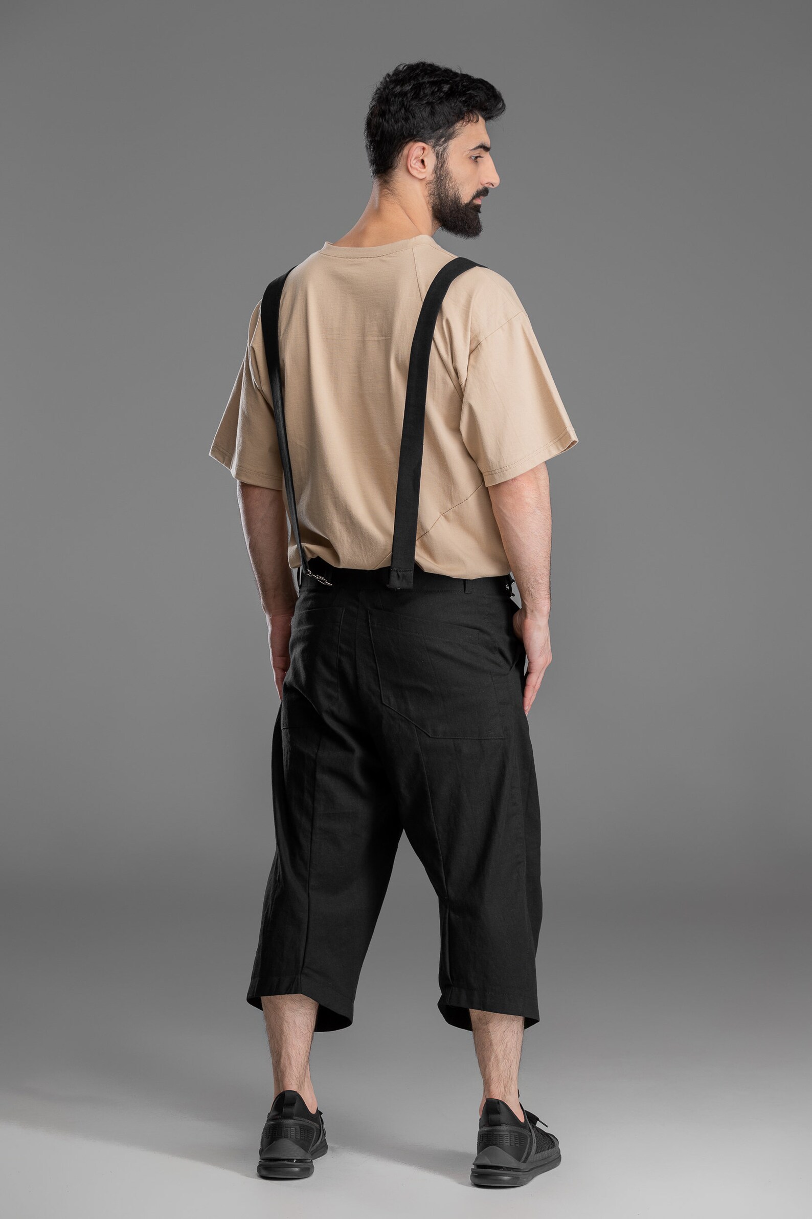 Black linen men shorts with suspenders loose summer bermuda Etsy