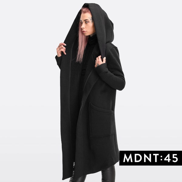 Black cloak with hood women, warm hooded cape coat, long gothic oversized cardigan, cyberpunk cosplay, futuristic clothing mdnt45, A0008