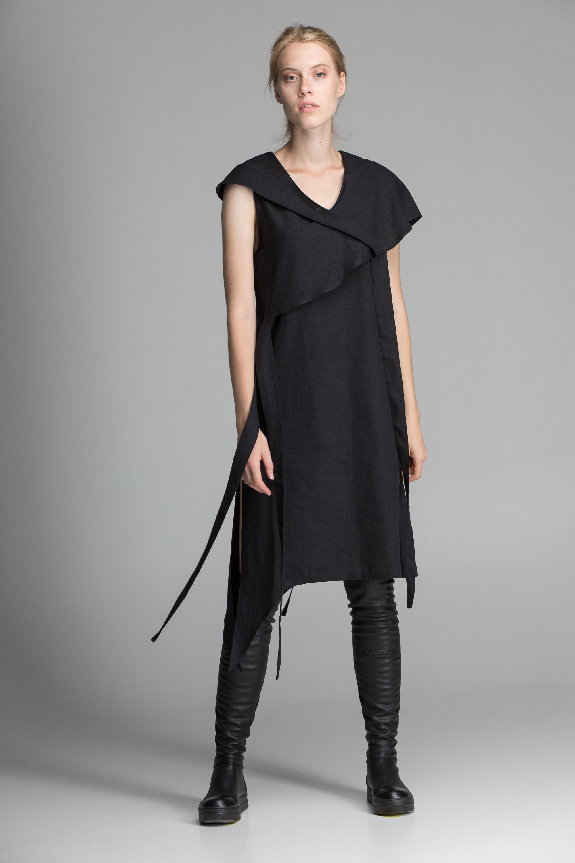 Linen black asymmetric dress v neck cut sleeveless tunic | Etsy