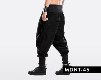 Schwarze Herren Haremshose, Baggy Hose mit tiefem Schritt, Lounge Hose Männer, Ninja Cosplay Jogginghose, Cyberpunk Hose, A0310