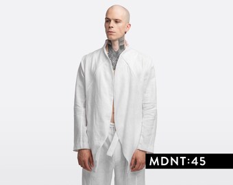 White linen cardigan men, summer loungewear blazer, mens linen jacket, festival minimalistic outerwear, futuristic clothing mdnt45, A0411