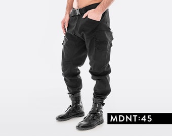 Pantalon cargo noir pour hommes, pantalon techwear ample, pantalon streetwear en lin pour hommes, pantalon de jogging cyberpunk pour hommes, vêtements futuristes mdnt45, A0367