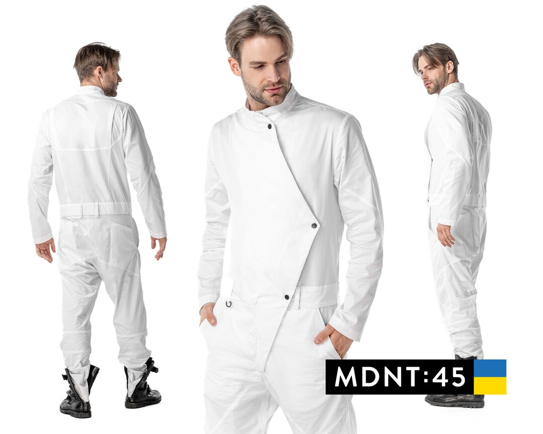Mens White Jumpsuit Utility Pant Suit Turtleneck Mechanic Etsy