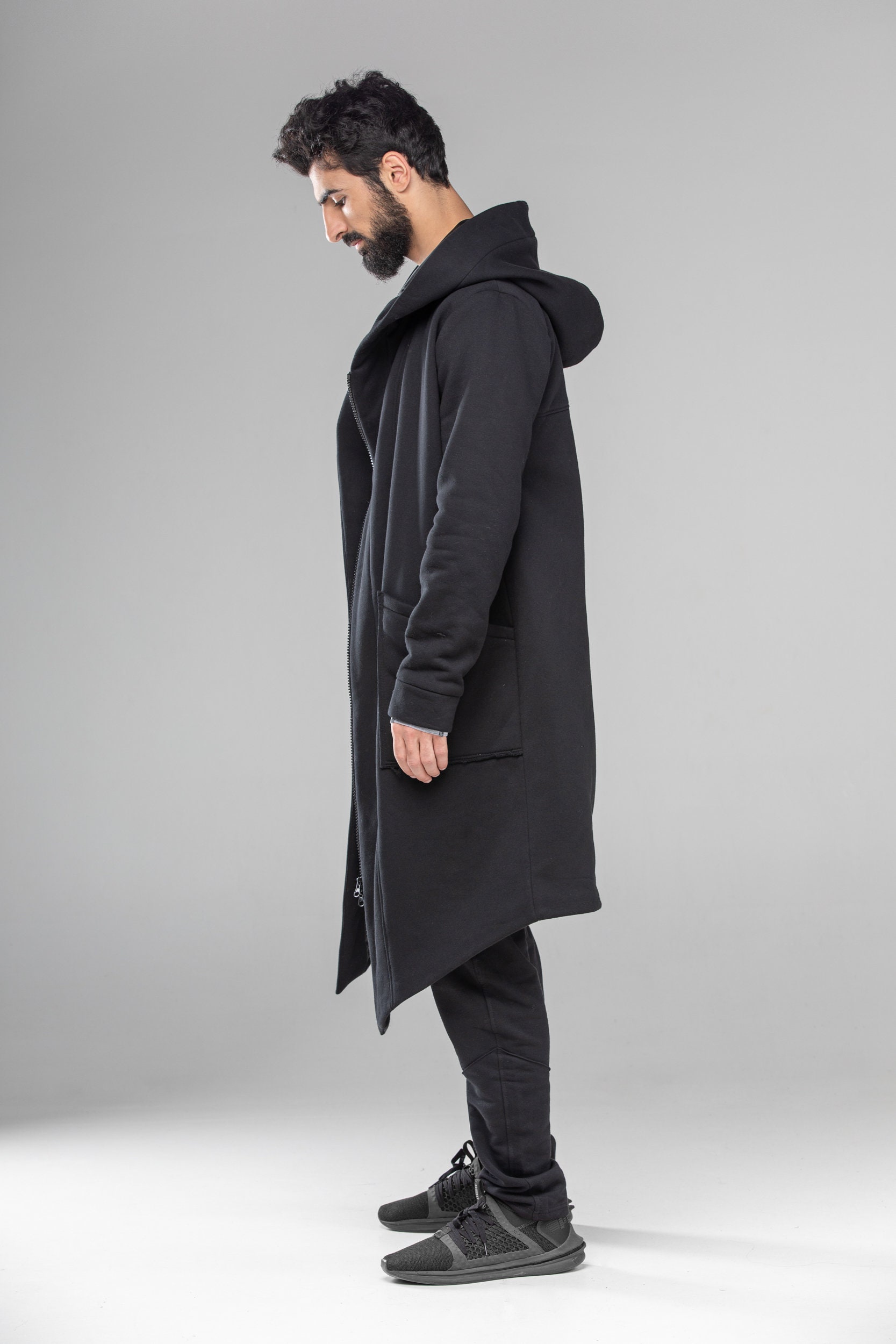 Black trench coat men hooded parka jersey fleece long coat Etsy
