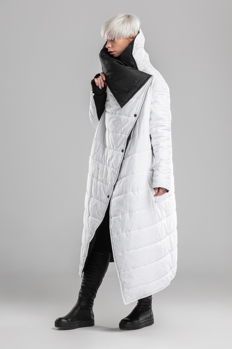 White & black puffer jacket women loose winter coat long Etsy
