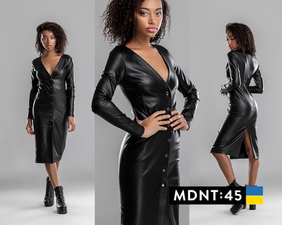 Black Midi Dress Sexy Faux Leather Dress V-neck Cocktail -  Israel