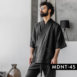 Black men's kimono robe, loungewear jacket, Japanese kimono men, mens linen shirt, plus size kimono cardigan, homewear linen clothing, A0344