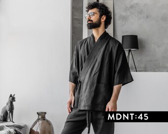 Peignoir kimono noir pour homme, veste de détente, kimono japonais pour homme, chemise en lin pour homme, cardigan kimono grande taille, vêtements d'intérieur en lin, A0344