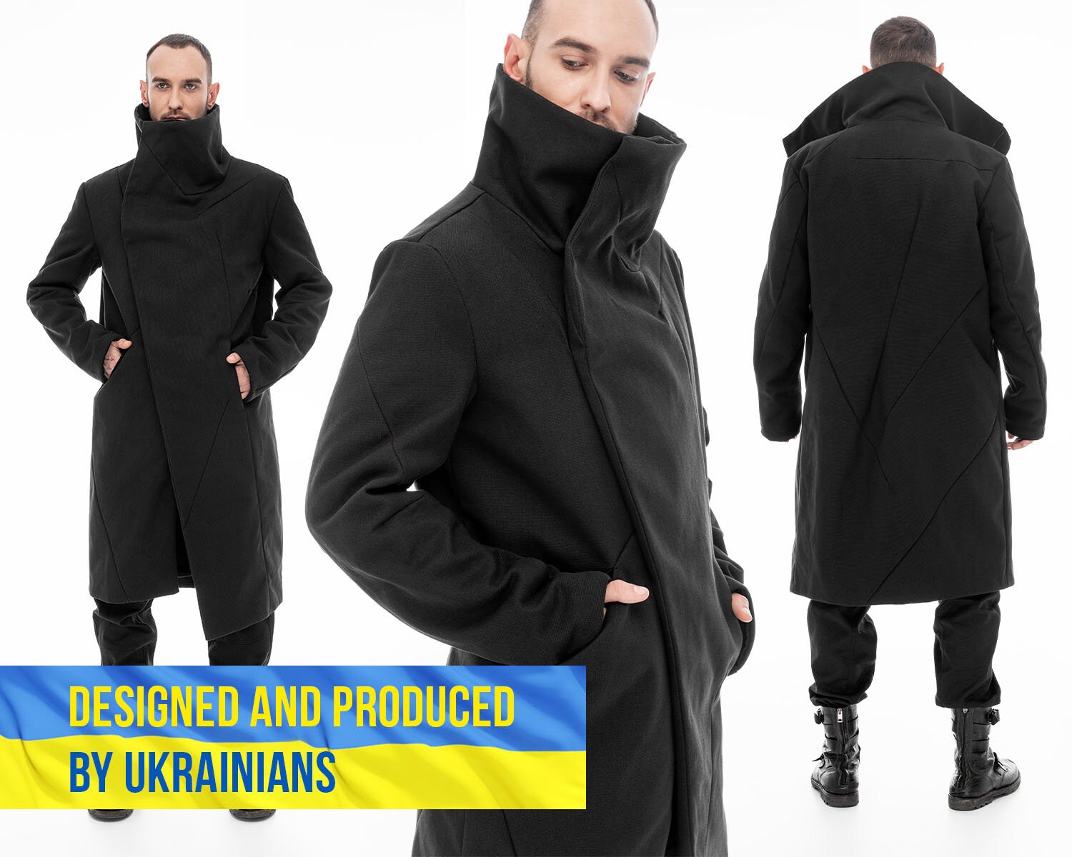 Buy Black High Neck Men Overcoat Cotton 