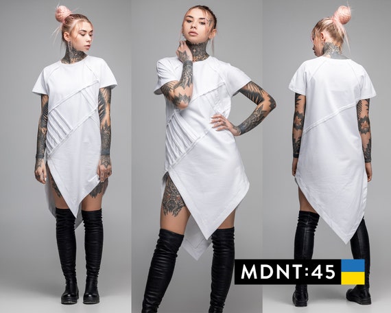 Asymmetric White T-shirt Dress Women Geometric Futuristic 