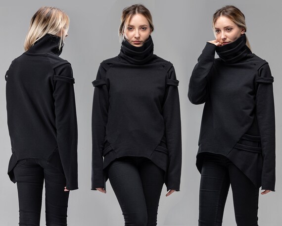 MDNT45 Cyberpunk Gothic Turtleneck Sweater, Asymmetric Oversized Jumper, Futuristic Black Pullover, Festival sci-fi Clothing, Geometric Top, A0170