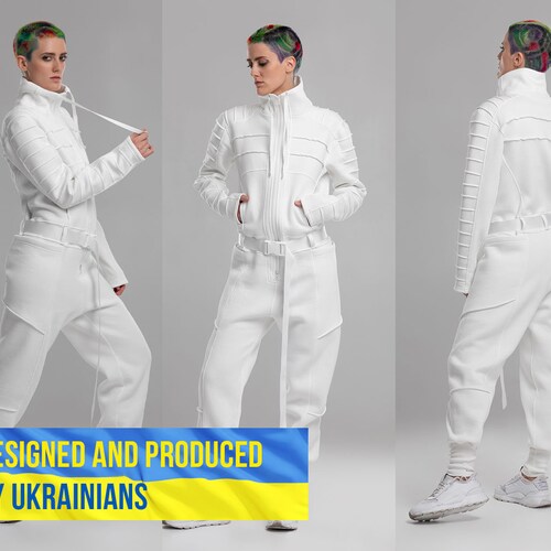 Futuristic white jumpsuit, turtleneck overalls women, sci-fi adult onesies, one piece boiler suit, cotton romper, cyberpunk clothing, A0307