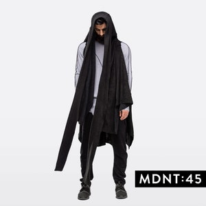 Long poncho cardigan men, black kimono sweater vest, asymmetric top hooded cape coat, sleeveless hoodie shawl, cyberpunk clothing, A0164