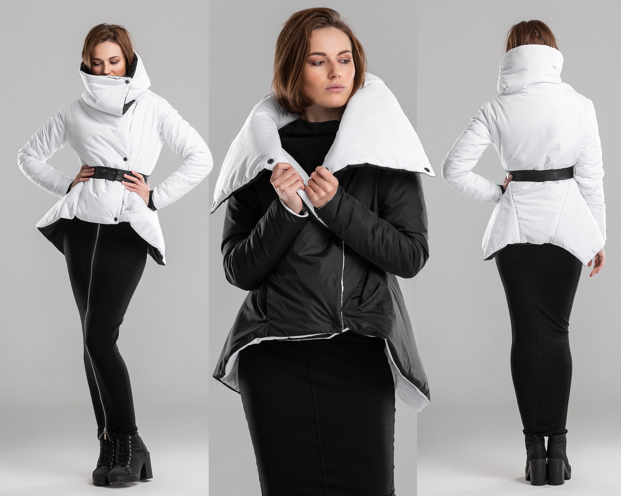White & Black Puffer Jacket Women Winter Coat Asymmetric Etsy Canada