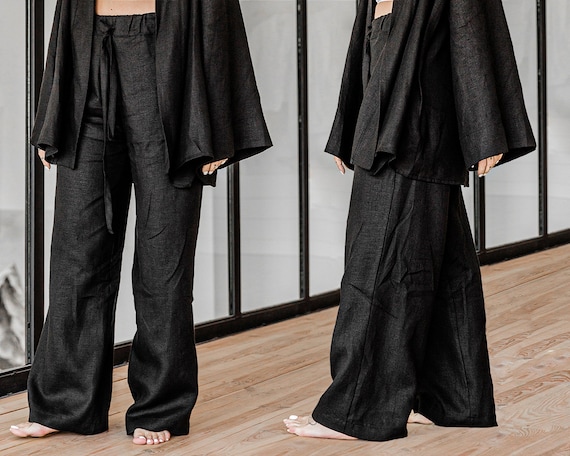 Pantaloni di lino da donna neri kimono harem lounge pantaloni | Etsy Italia