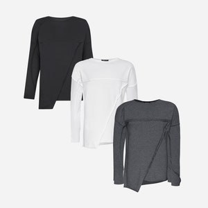 Three piece set, Black, White or Khaki long sleeve shirt men, techwear top, asymmetrical crew neck sweatshirt, cyberpunk clothing, A0098