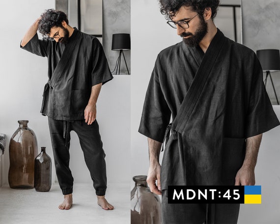 Black Men's Kimono Robe Loungewear Jacket Japanese Kimono Men Mens Linen  Shirt Plus Size Kimono Cardigan Homewear Linen Clothing A0344 