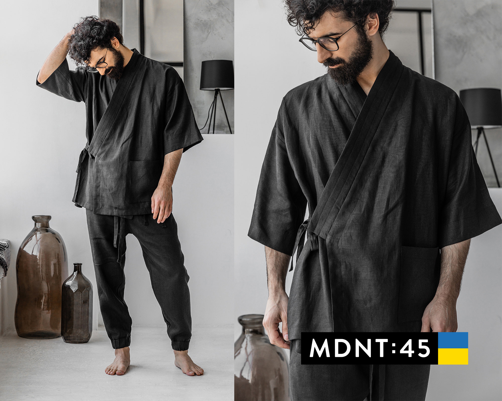 MDNT45 Black Men's Kimono Robe, Loungewear Jacket, Japanese Kimono Men, Mens Linen Shirt, Plus Size Kimono Cardigan, Homewear Linen Clothing, A0344