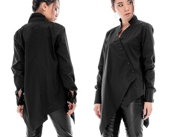 Black asymmetrical shirt for women, cotton button up long sleeve shirt, geometric oversized blouse, cyberpunk clothing, A0383