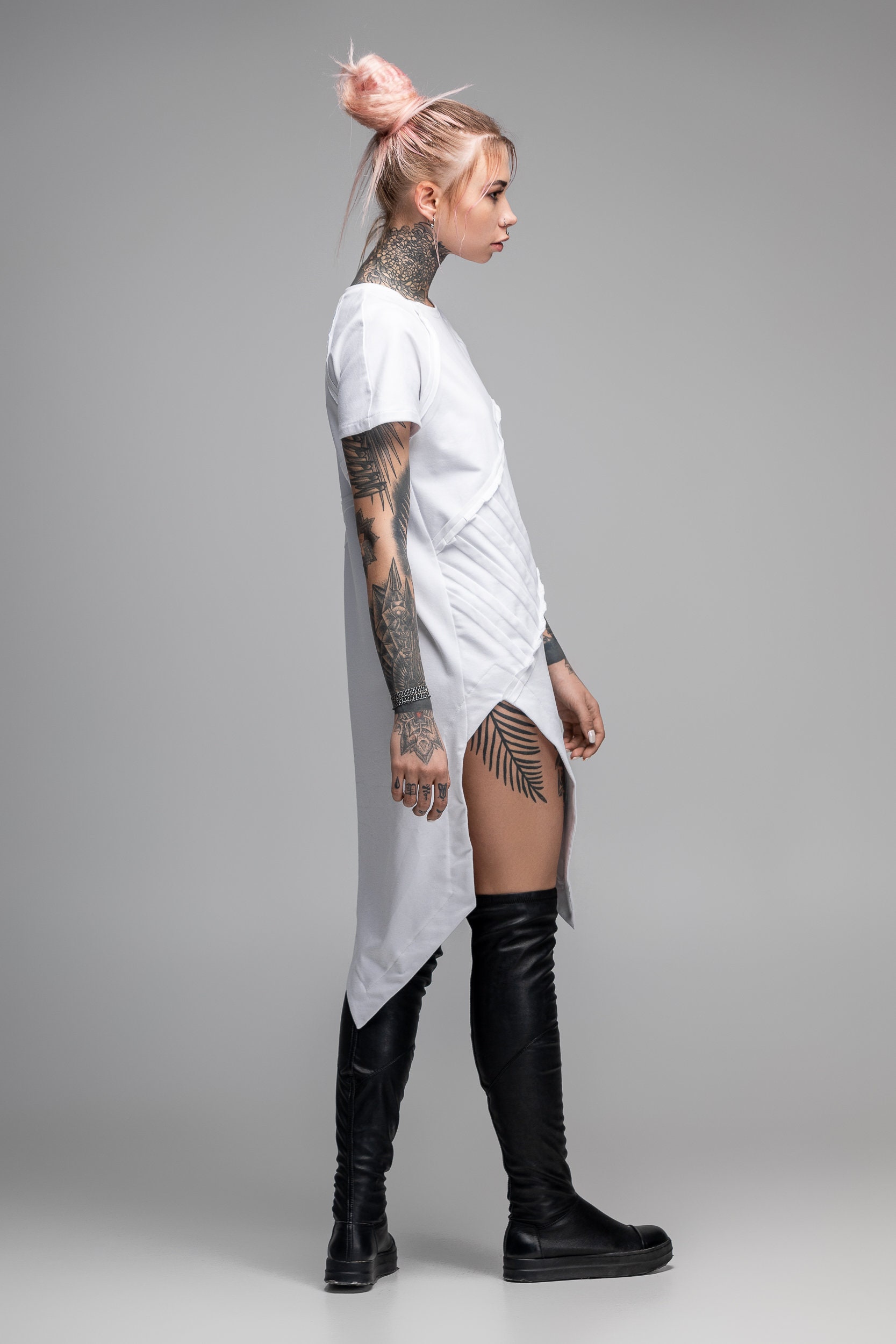 Asymmetric White T-shirt Dress Women Geometric Futuristic 