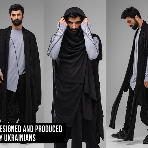 Long Poncho Cardigan Men Black Kimono Sweater Vest - Etsy