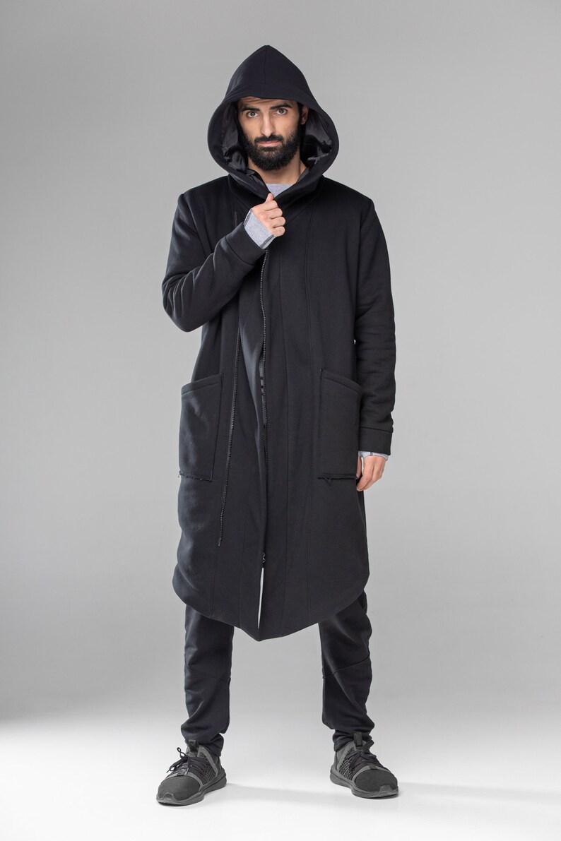 Black hooded asymmetric coat fleece winter hoodie cosplay | Etsy