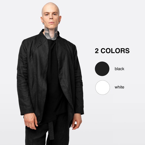 Veste en lin noire, cardigan punk rock pour homme, vêtements gothiques cyberpunk, blazer classique formel, manteau décontracté, A0411