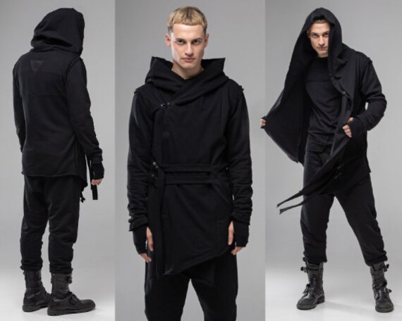 Hooded asymmetrical men coat cyberpunk gothic black long | Etsy