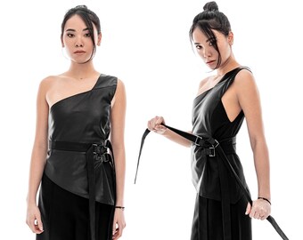 Asymmetrical black leather top, faux leather vest top, one shoulder top with open back, gothic / punk rock / rave outfit, A0389