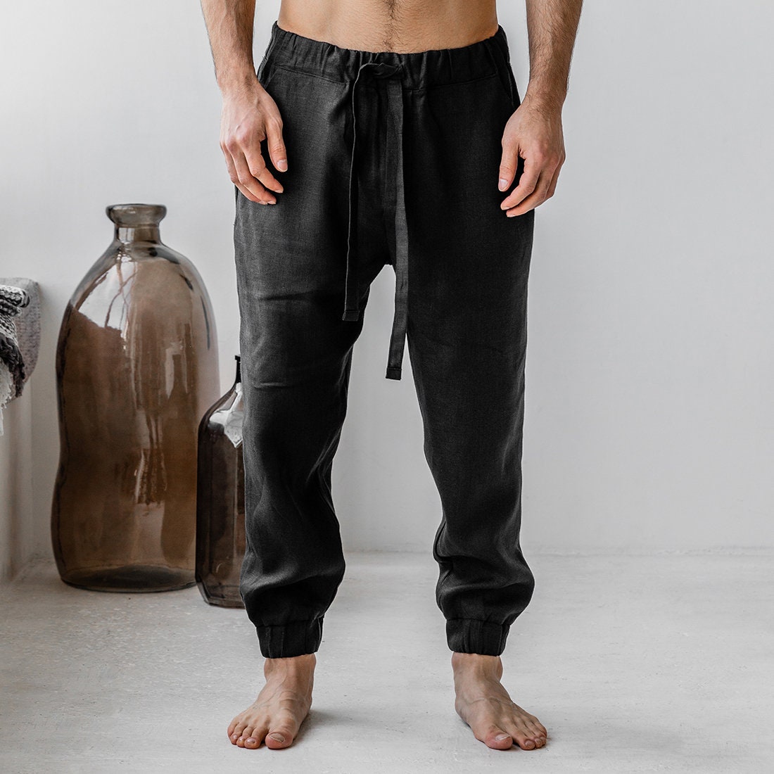 Mens black linen pants samurai wide leg pants bohemian harem | Etsy