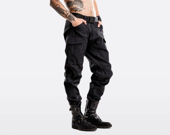 Black cargo pants, futuristic techwear pants for men, streetwear cotton pants, rave trousers, mens gothic cyberpunk clothing, A0313