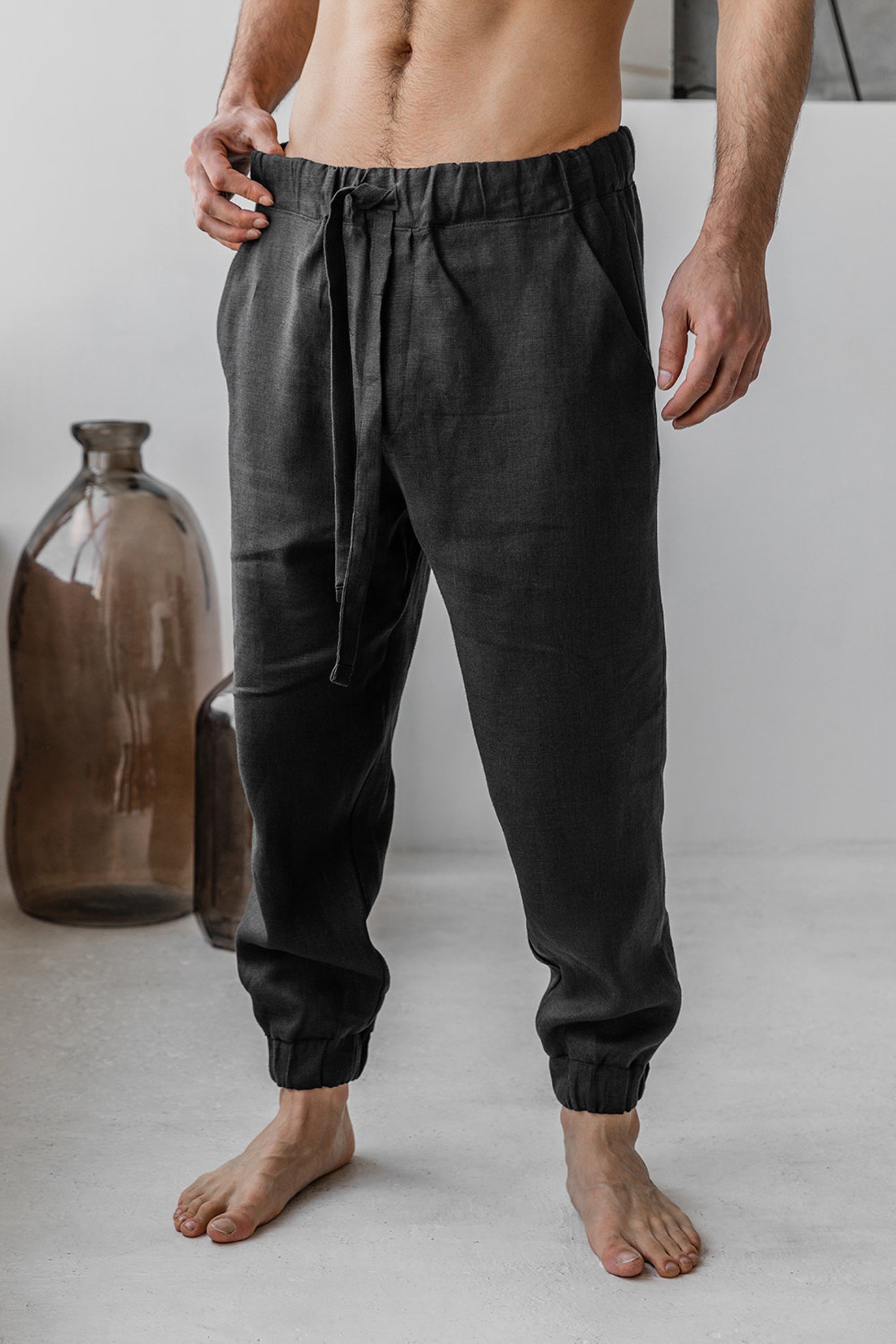 Loungewear Linen Pants Black Cargo Pants Mens Yoga Pants - Etsy