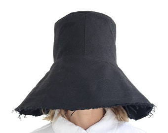 Chapeau de soleil pliable en lin noir, panama unisexe à bords larges, protection du cou et bords déchirés, chapeau de seau de plage hippie surdimensionné, A0560