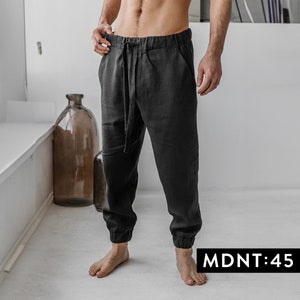 Loungewear linen pants, black cargo pants, mens yoga pants, minimalistic hippie pants, joggers men, Japanese trousers, mdnt45, A0343