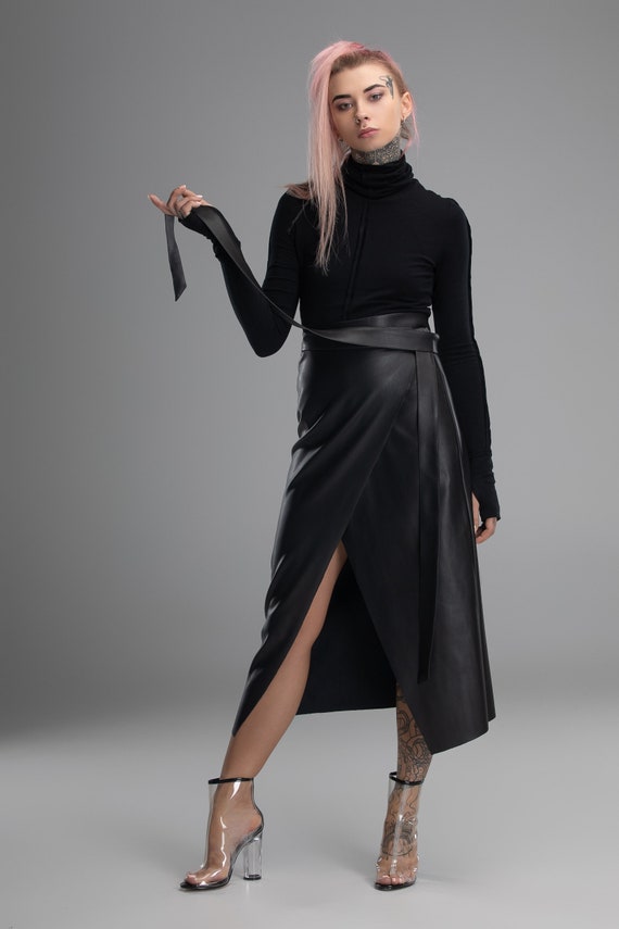 Falda midi larga negra falda de cuero sintético de cintura Etsy