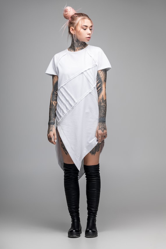 Asymmetric White T-shirt Dress Women Geometric Futuristic 