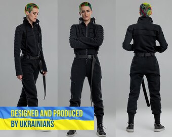 Black jumpsuit women, sci-fi flight suit, adult one piece boiler suit, cyberpunk military coverall, cosplay futuristic clothing, A0307