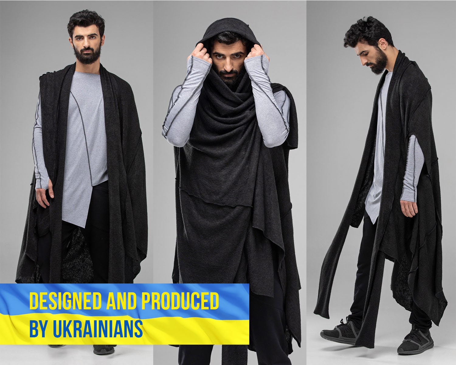 Long Poncho Cardigan Men Black Kimono Sweater Vest - Etsy