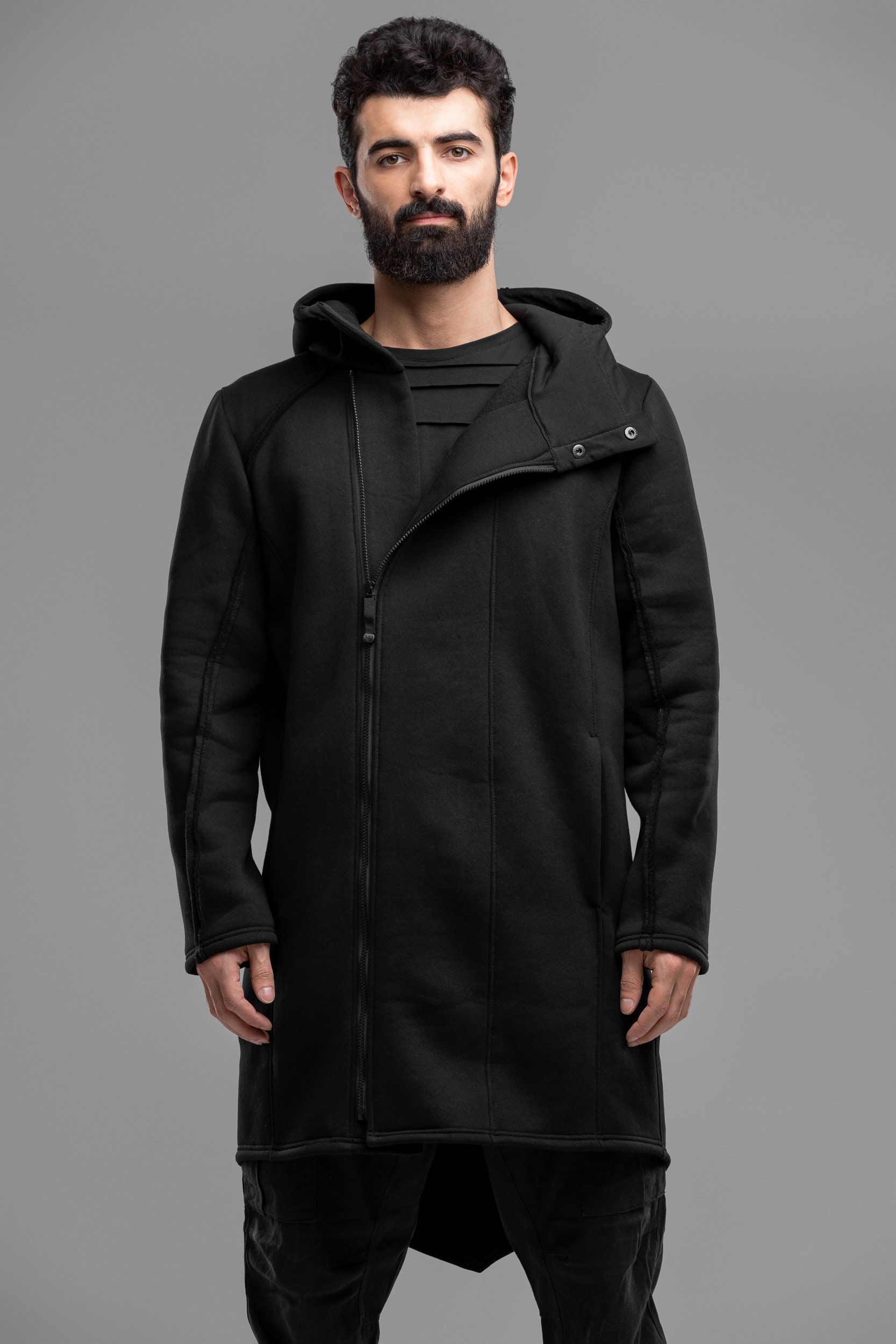 Cardigan men long trench coat black jacket asymmetric top | Etsy