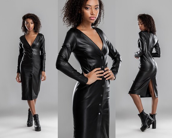 Black Midi Dress Sexy Faux Leather 
