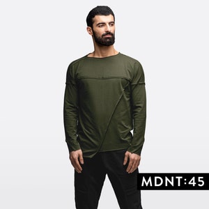 Green geometric sweatshirt, men asymmetrical pullover, khaki raglan, military longsleeve, urban jumper, sci-fi top steampunk, A0098