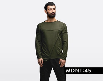 Green geometric sweatshirt, men asymmetrical pullover, khaki raglan, military longsleeve, urban jumper, sci-fi top steampunk, A0098