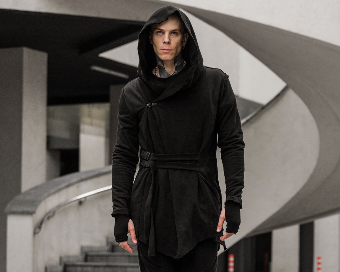 Black Techwear Jacket, Hooded Cardigan Men, Asymmetrical