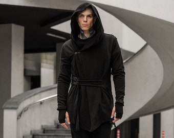 Black techwear jacket, hooded cardigan men, asymmetrical hooded coat, dystopian coat with hood, futuristic cyberpunk jacket, A0159