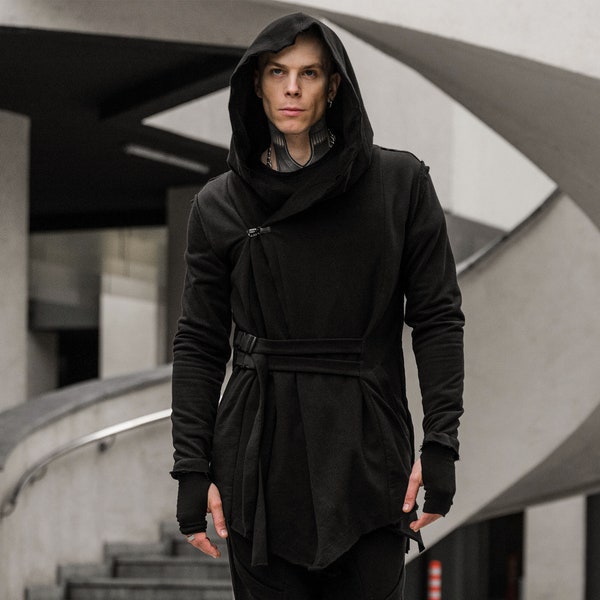 Black techwear jacket, hooded cardigan men, asymmetrical hooded coat, dystopian coat with hood, futuristic cyberpunk jacket, A0159