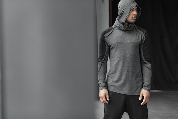 Ninja sweat à capuche à manches longues, vêtements de cosplay gris pour hommes, masque à poussière fantaisie costume pull, col roulé noir haut A0099 Ninja sweat à capuche à manches longues, vêtements de cosplay gris pour hommes, masque à poussière fantaisie costume pull, col roulé noir haut A0099
