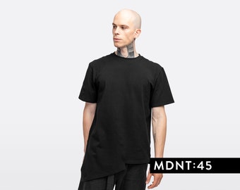 Men's black basic T-shirt, Minimalist Design, Asymmetrical Gym Tee with Diagonal Lines A0413